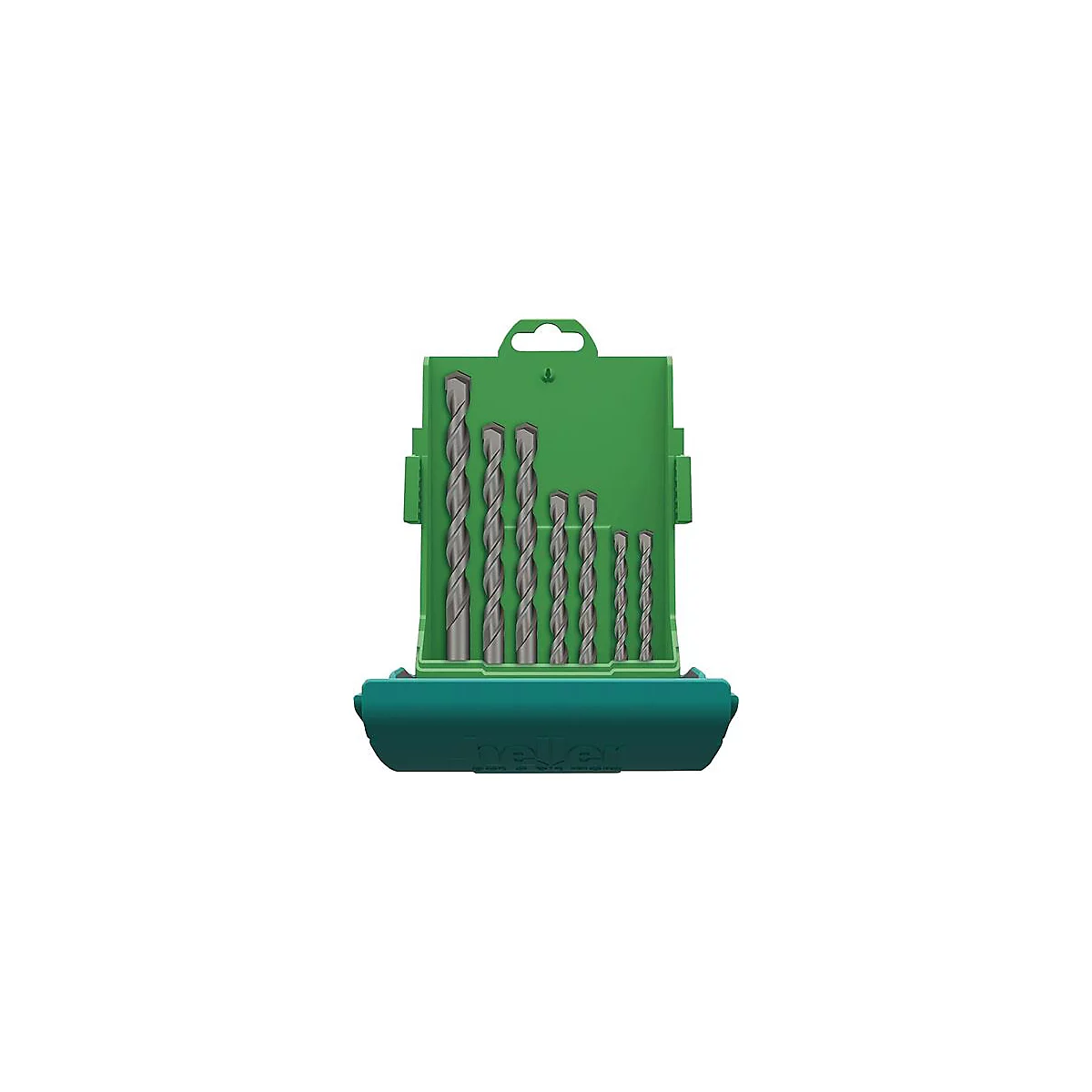 Borenset in groene koffer. Acht boren van verschillende formaten, grijs-zilver, in groene doos.
