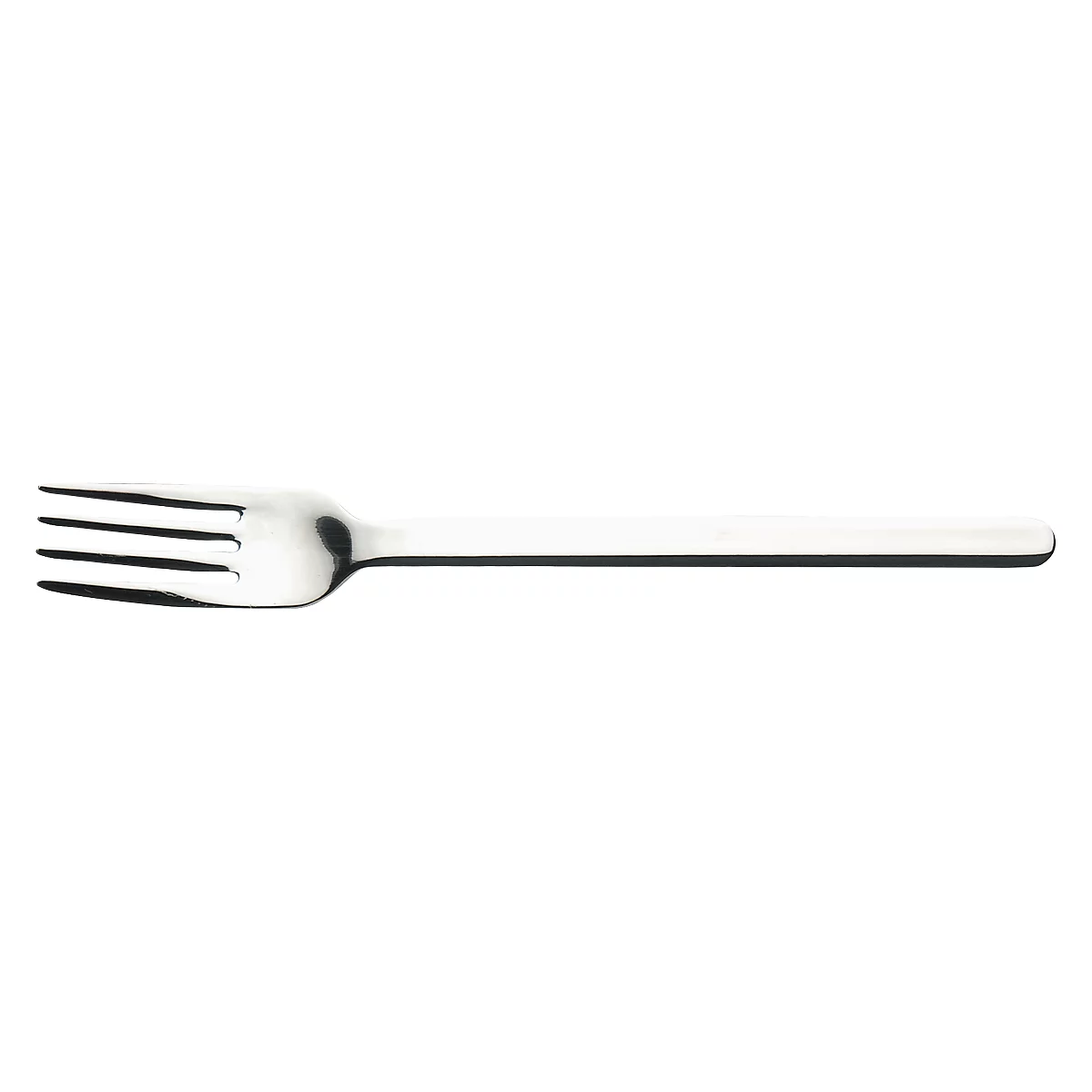 Steel fork held against a white background. The handle is straight and flat.
