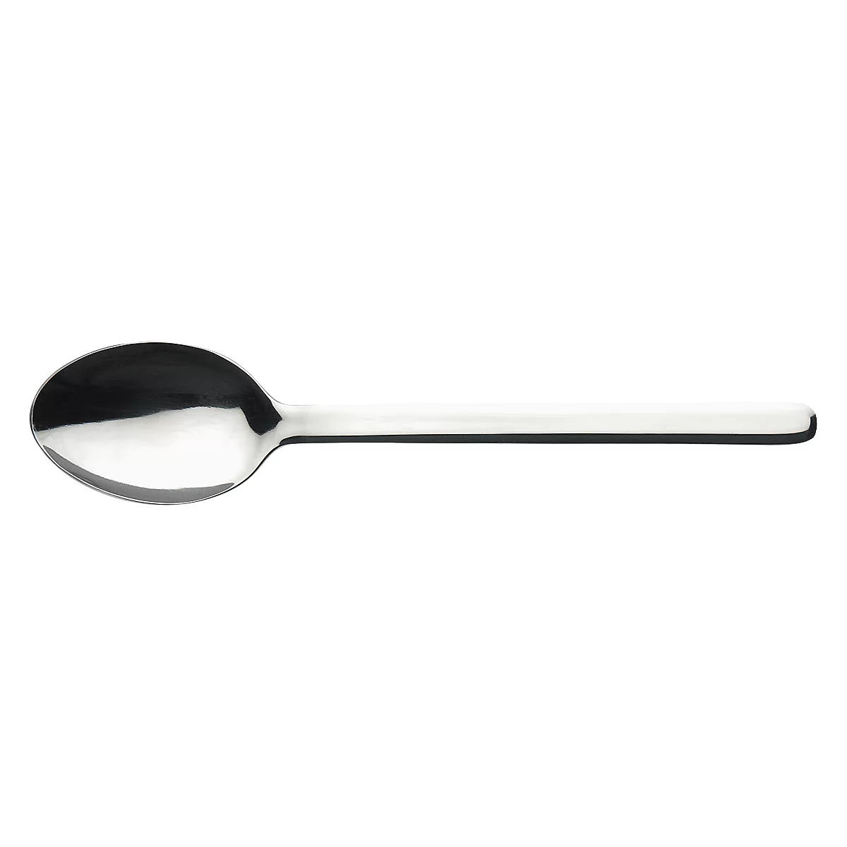 Close-up of a shiny, metallic teaspoon. The spoon has a round bowl and a sleek, flat handle.