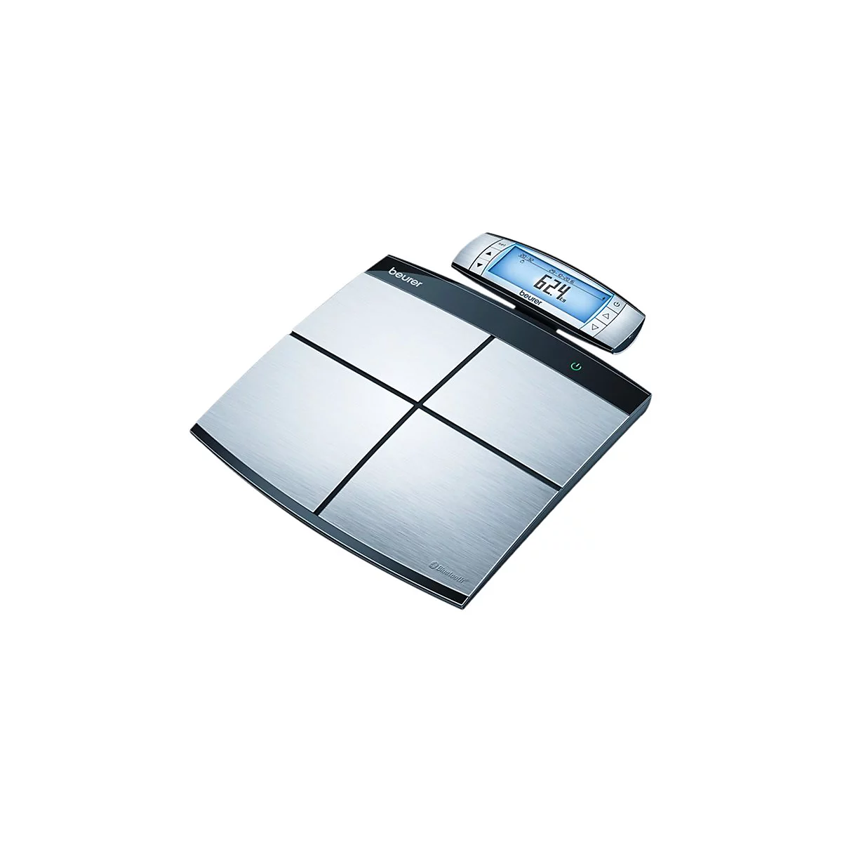Beurer Personenwaage mit Edelstahl-Trittfläche und separatem, abnehmbarem Display mit Bluetooth-Anzeige.
