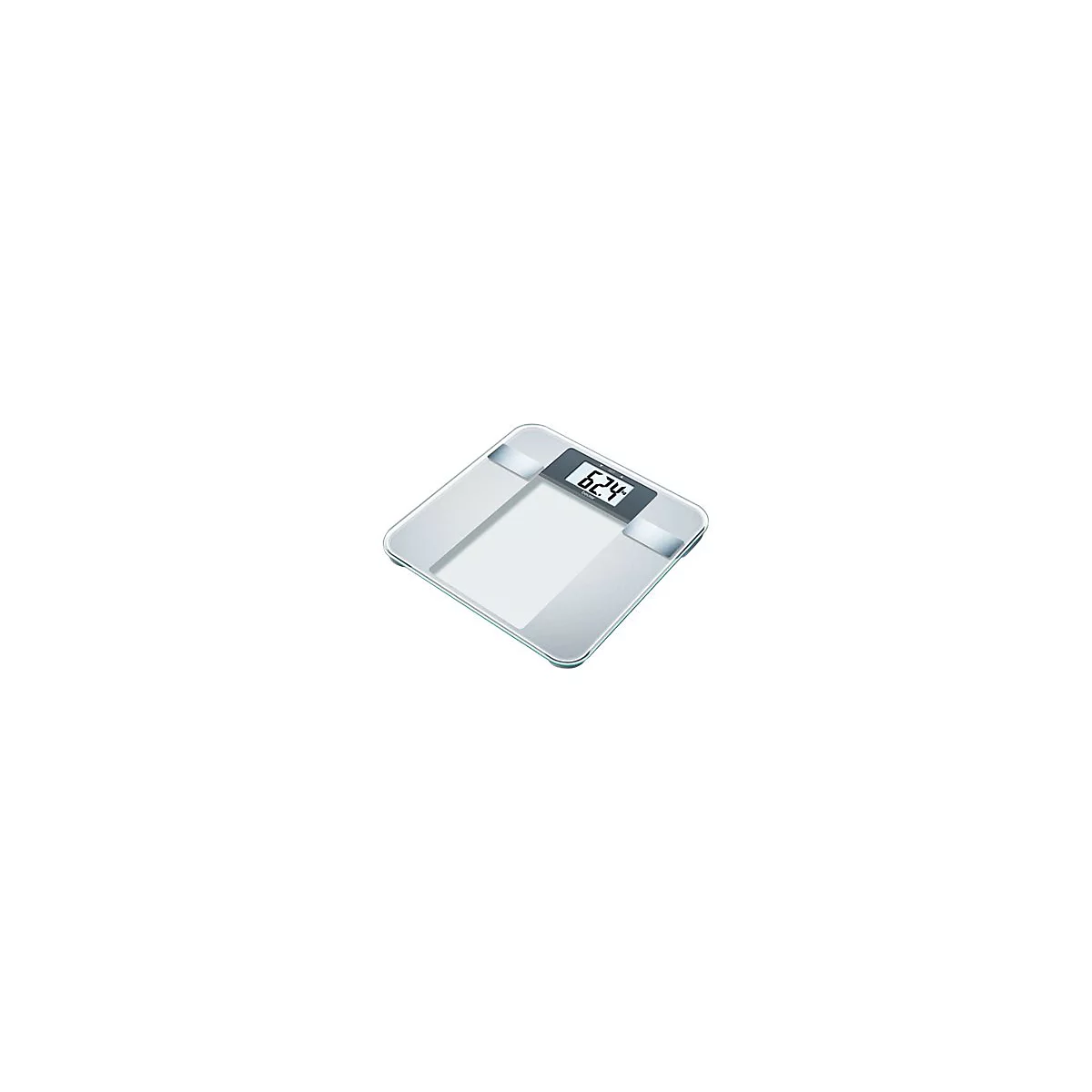 Digitale Personenwaage mit Glasoberfläche und LCD-Display, das 62,4 kg anzeigt.