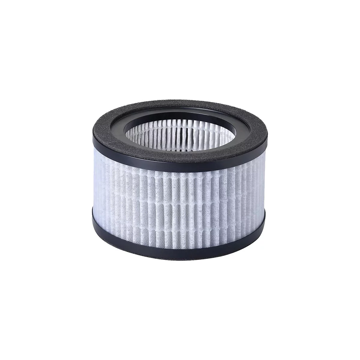 Zylindrischer Luftfilter, schwarz gerahmt, graues Filtermaterial. Oben und unten schwarzer Rahmen, grauer Schaumstoffrand.
