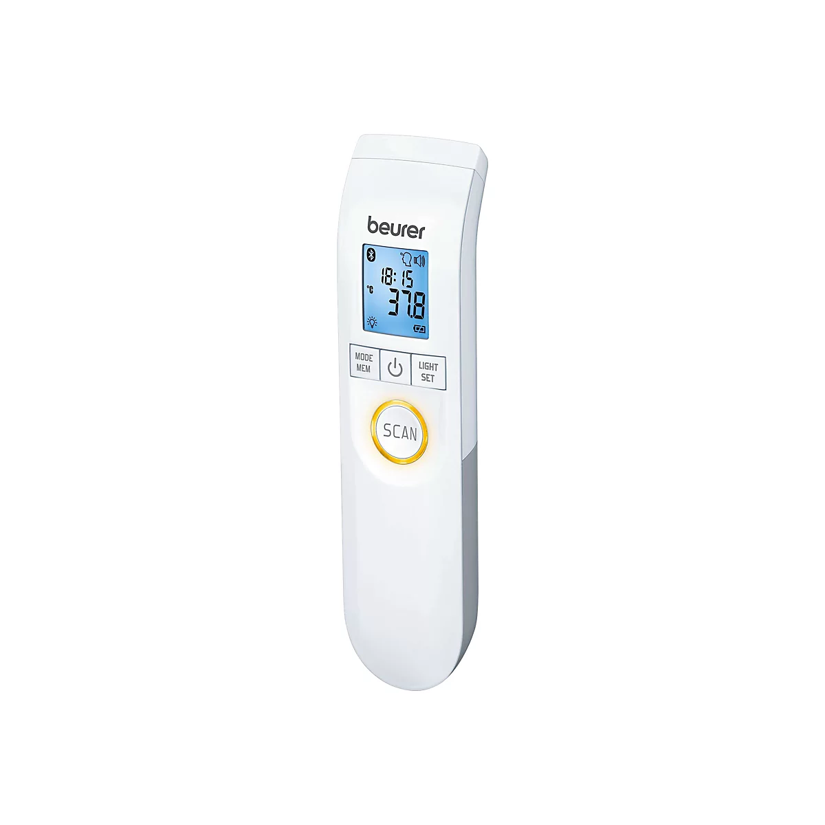 Beurer Infrarot-Fieberthermometer in Weiß mit blau beleuchtetem Display und zentralem gelbem Scan-Button.
