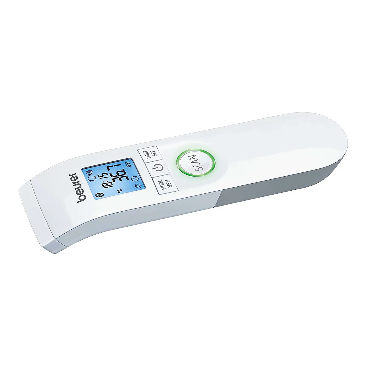 Weißes Beurer Kontaktloses Fieberthermometer mit digitalem Display und Scan-Taste vor weißem Hintergrund.