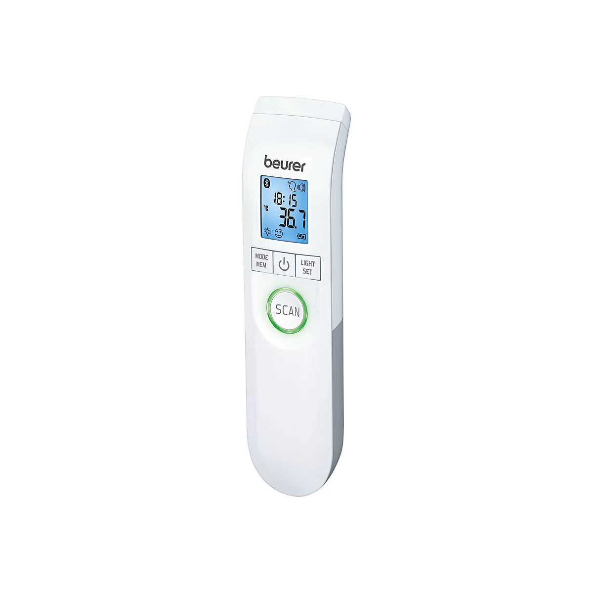Weißes Beurer Kontaktloses Thermometer mit digitaler Anzeige und grüner Scantaste auf weißem Hintergrund.