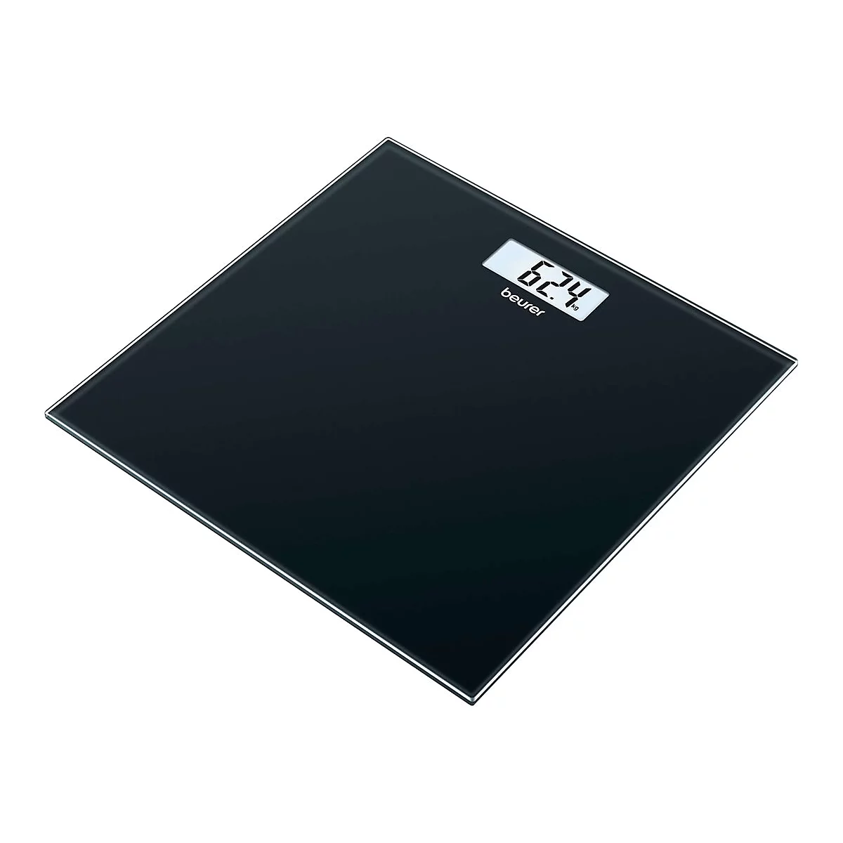 Schwarze digitale Personenwaage von Beurer mit Glasoberfläche und beleuchtetem LCD-Display zeigt 62,4 kg an.