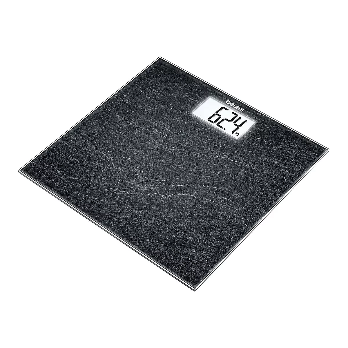 Quadratische Beurer Personenwaage in dunkler Steinoptik mit beleuchtetem Display, zeigt 62,4 kg an.