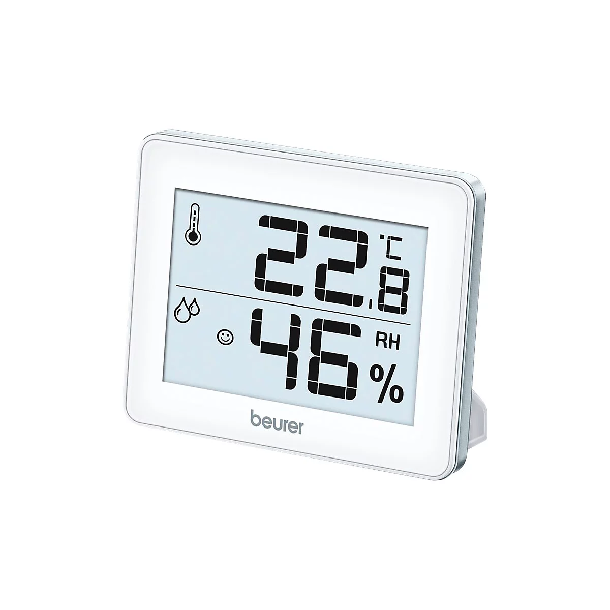 Digitales Beurer Thermo-Hygrometer mit weißem Rahmen, das Temperatur und Luftfeuchtigkeit auf einem Display anzeigt.