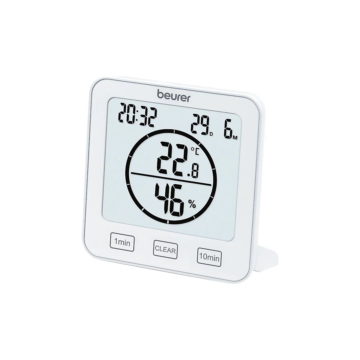 Digitales Beurer Thermo-Hygrometer in Weiß mit Displayanzeige für Uhrzeit, Datum, Temperatur und Luftfeuchtigkeit.