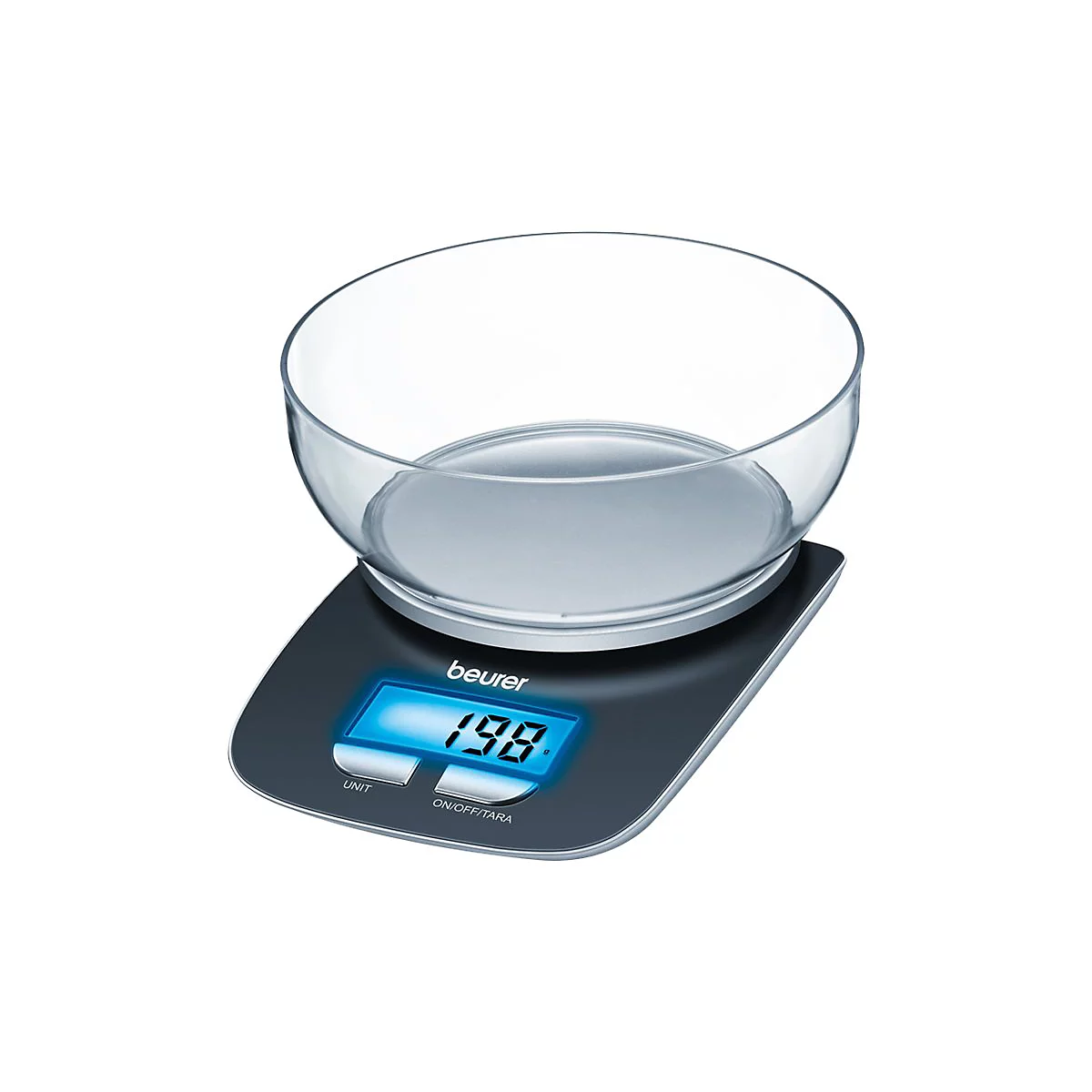 Beurer Küchenwaage in Schwarz mit beleuchtetem blauem Display und transparenter Glasschüssel auf weißem Hintergrund.