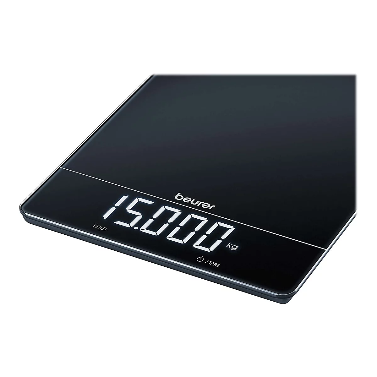 Schwarze digitale Beurer-Küchenwaage mit leuchtender Anzeige von 15,000 kg.
