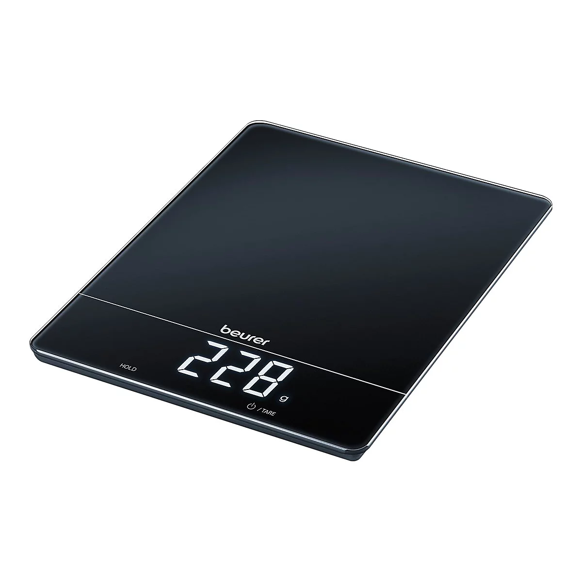 Schwarze, flache digitale Küchenwaage mit leuchtendem Display und Beurer-Logo.