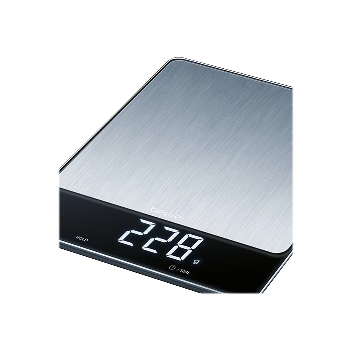 Digitale Küchenwaage aus gebürstetem Edelstahl mit schwarzem Display, das 228 Gramm anzeigt.