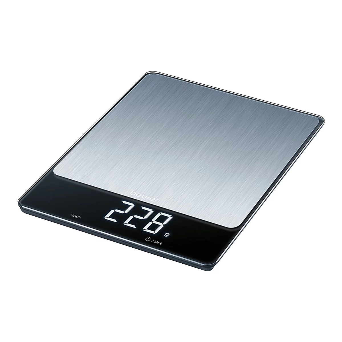 Digitale Beurer Küchenwaage aus gebürstetem Edelstahl mit schwarzem Display, das 228 Gramm anzeigt.
