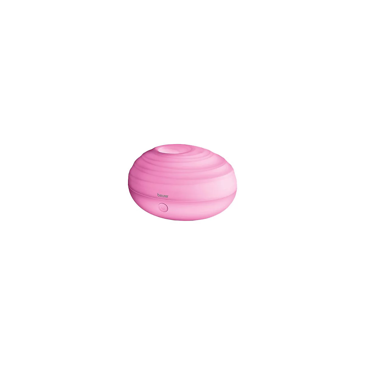 Runder, rosa Beurer Aroma-Diffuser mit geriffelter Oberfläche und mittigem Ein-Aus-Knopf.