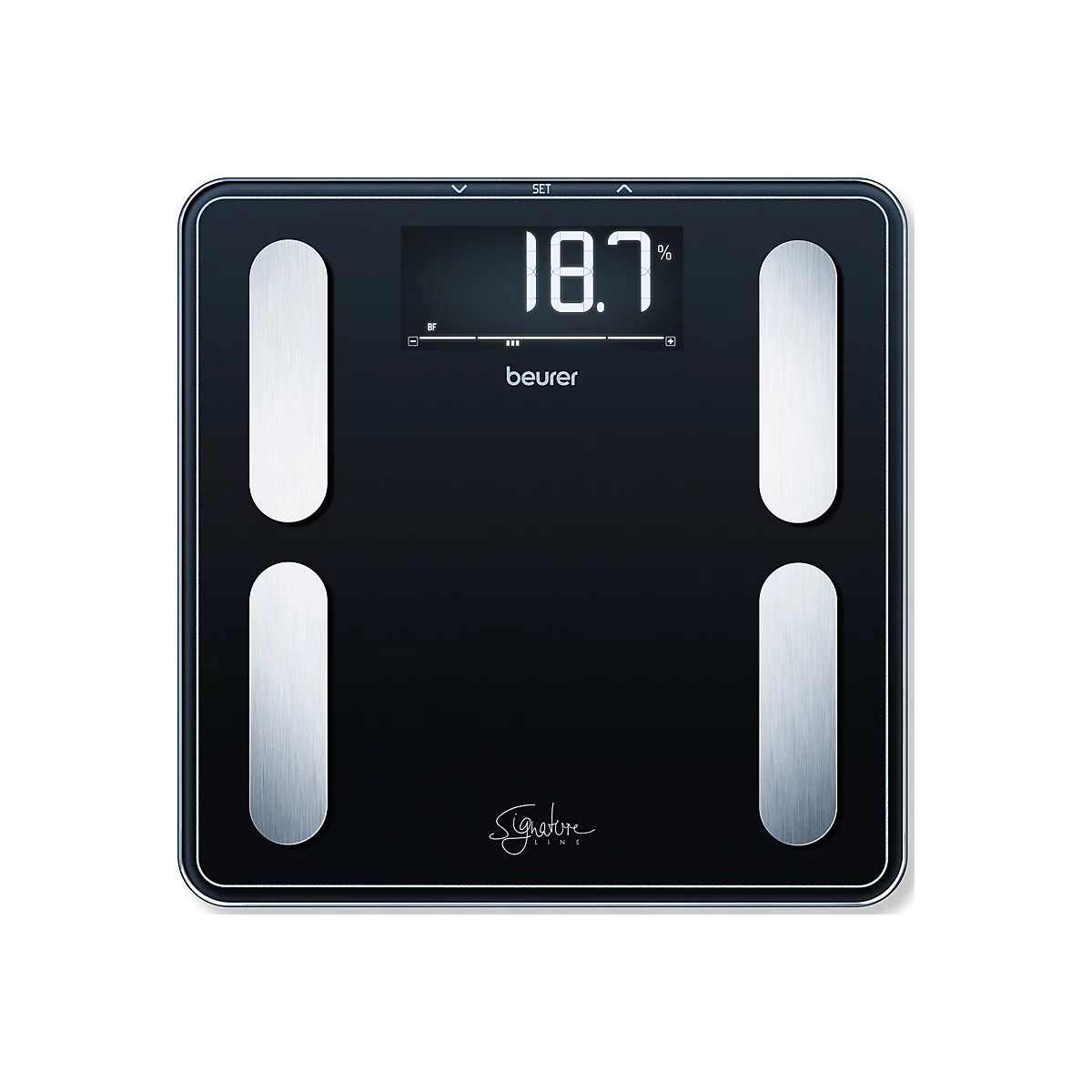 Schwarze Beurer Körperanalysewaage mit vier Edelstahl-Sensoren und beleuchtetem Digitaldisplay.