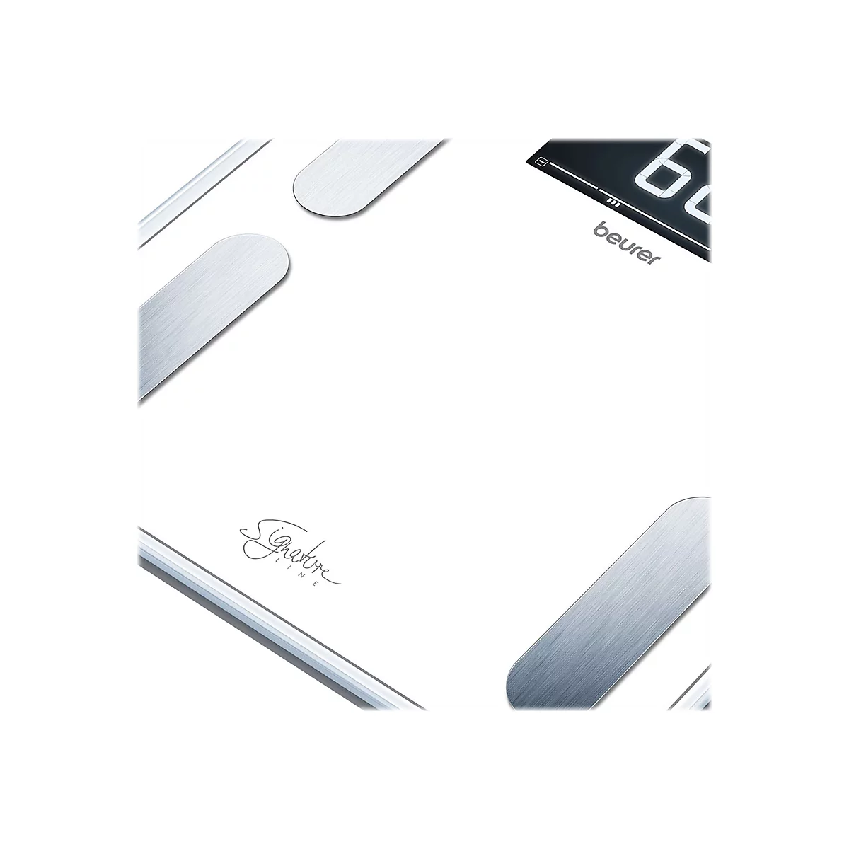 Nahaufnahme einer weißen Beurer Personenwaage mit Edelstahl-Elektroden und Schriftzug Signature Line.