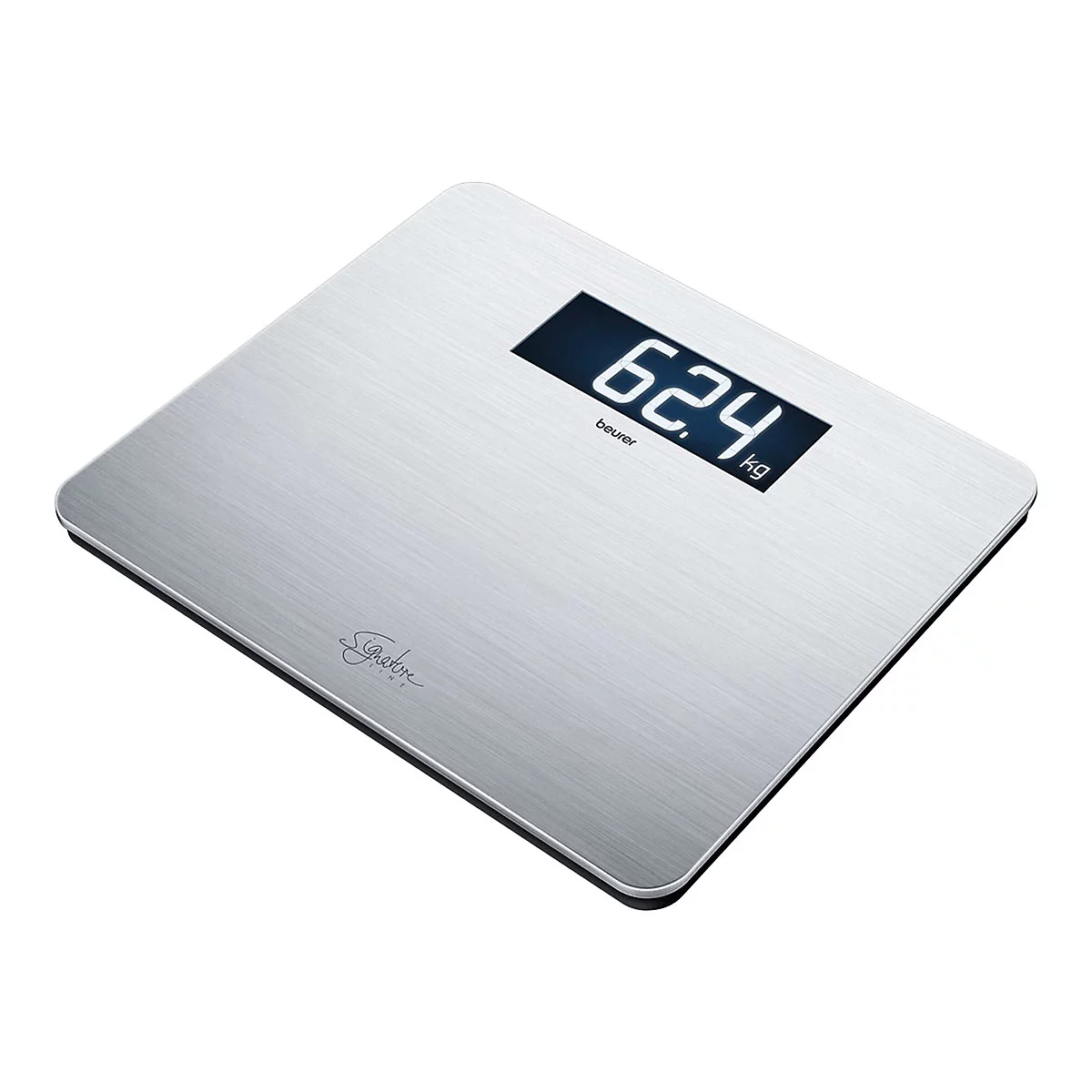 Digitale Personenwaage aus gebürstetem Edelstahl mit schwarzem Display, das 62,4 kg anzeigt.
