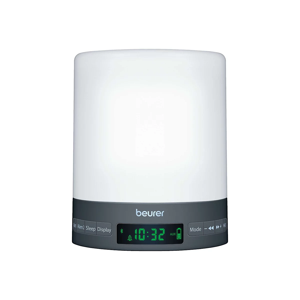 Beurer Lichtwecker mit weißem Diffusor, dunkelgrauem Sockel, Digitalanzeige und Tasten.