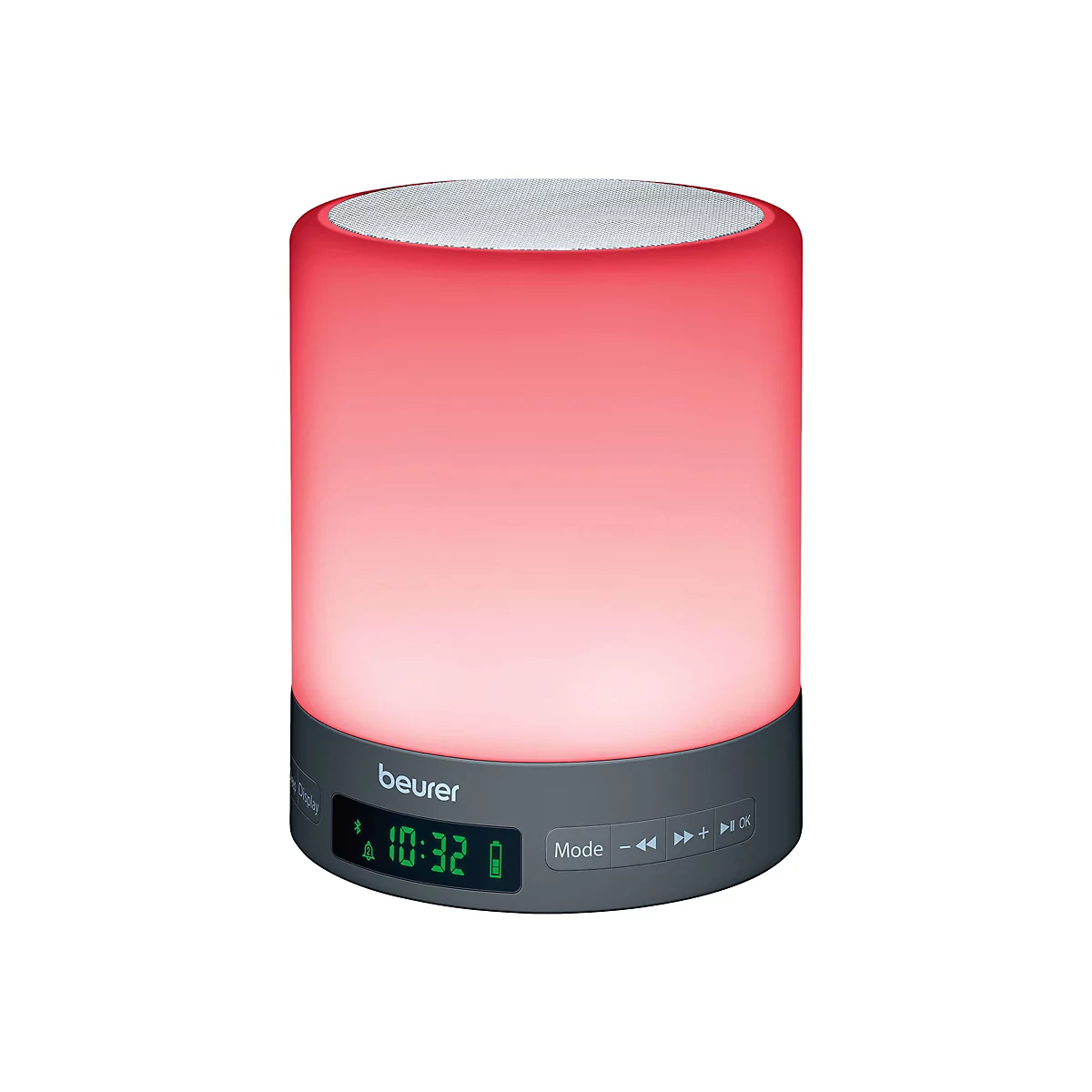 Beurer Sound- und Stimmungsleuchte mit digitalem Display und roter Beleuchtung auf grauem Sockel.