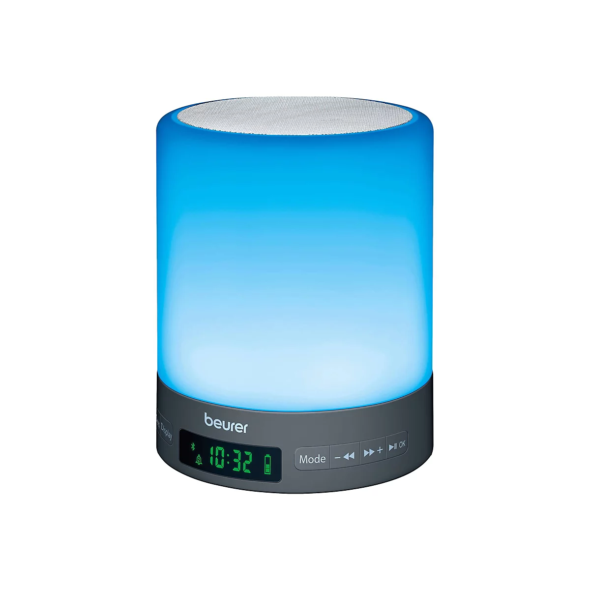 Beurer Bluetooth-Lautsprecher in Zylinderform mit blauem LED-Licht und digitaler Zeitanzeige.