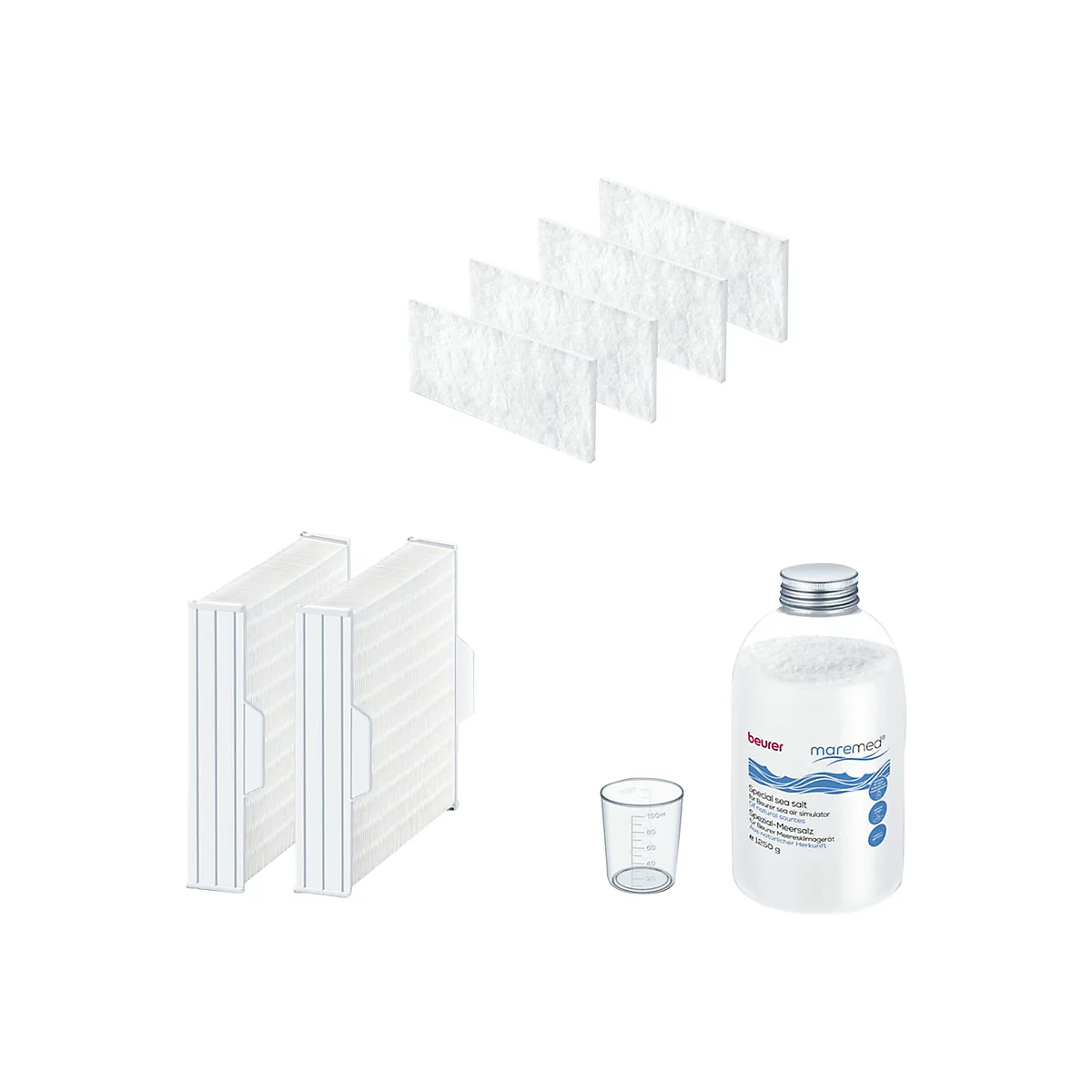 Ersatzteil-Set für Maremed Meeresklimagerät mit Filtern, Vorfiltern und einer Flasche Spezial-Meersalz mit Messbecher.