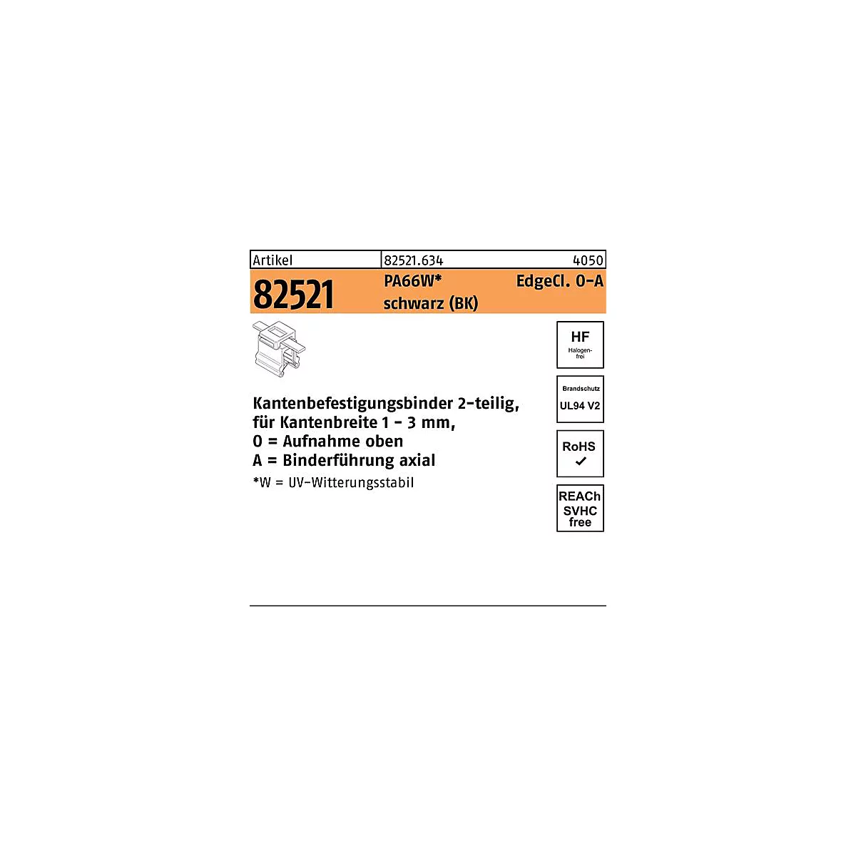 Productinformatie voor een randmontagebinder, met technische specificaties, waaronder materiaal, eigenschappen en certificeringen.