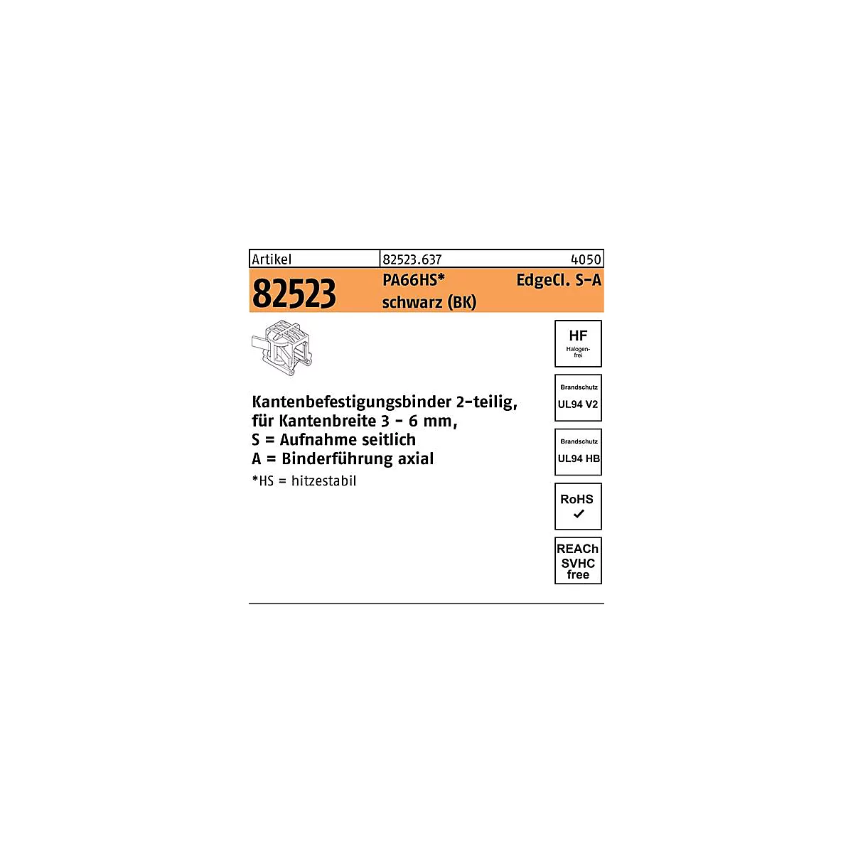 Een close-up van een zwarte kantbevestigingsbinder met tekstuele informatie over de productkenmerken.