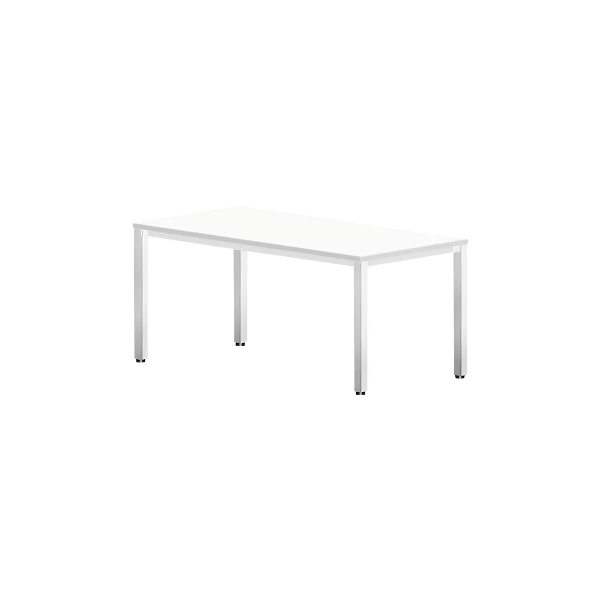Witte tafel met rechthoekige, lichtgrijze poten op een witte achtergrond.
