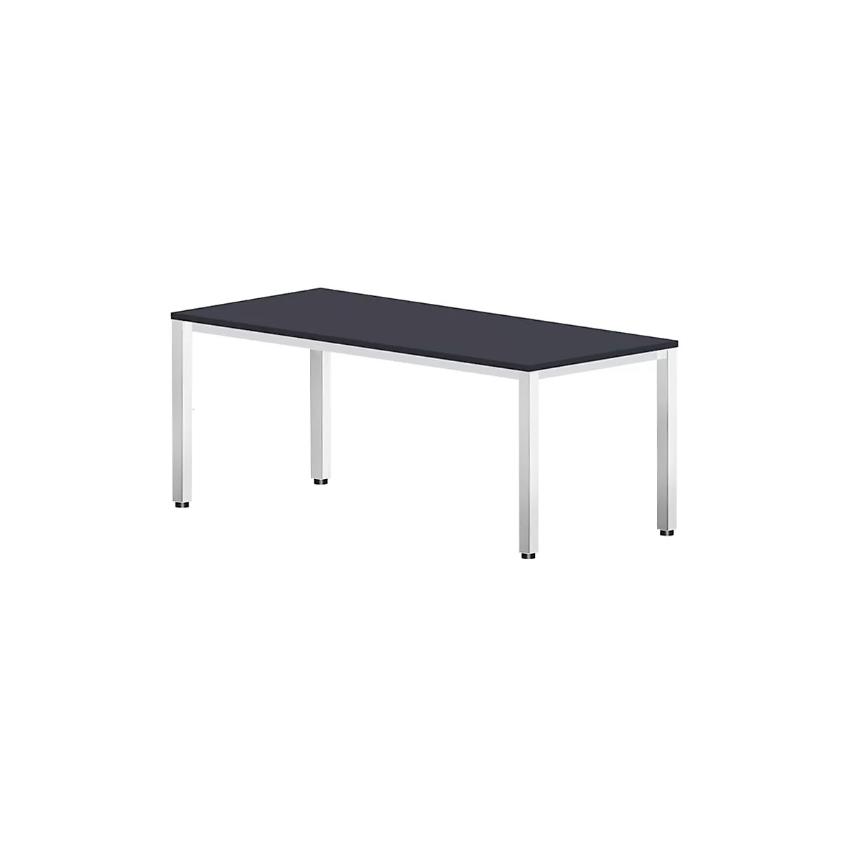 Een rechthoekige tafel met een donker tafelblad en lichte, vierkante poten. De poten hebben zwarte voetkappen.