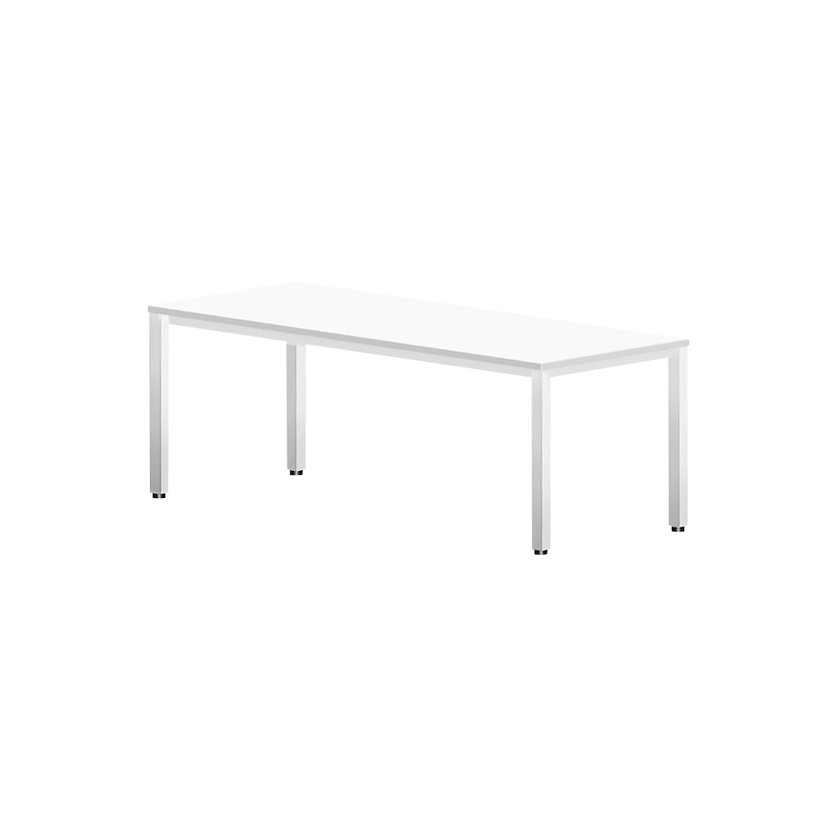 Witte tafel met rechthoekig tafelblad en metalen poten. Zwarte voetjes.