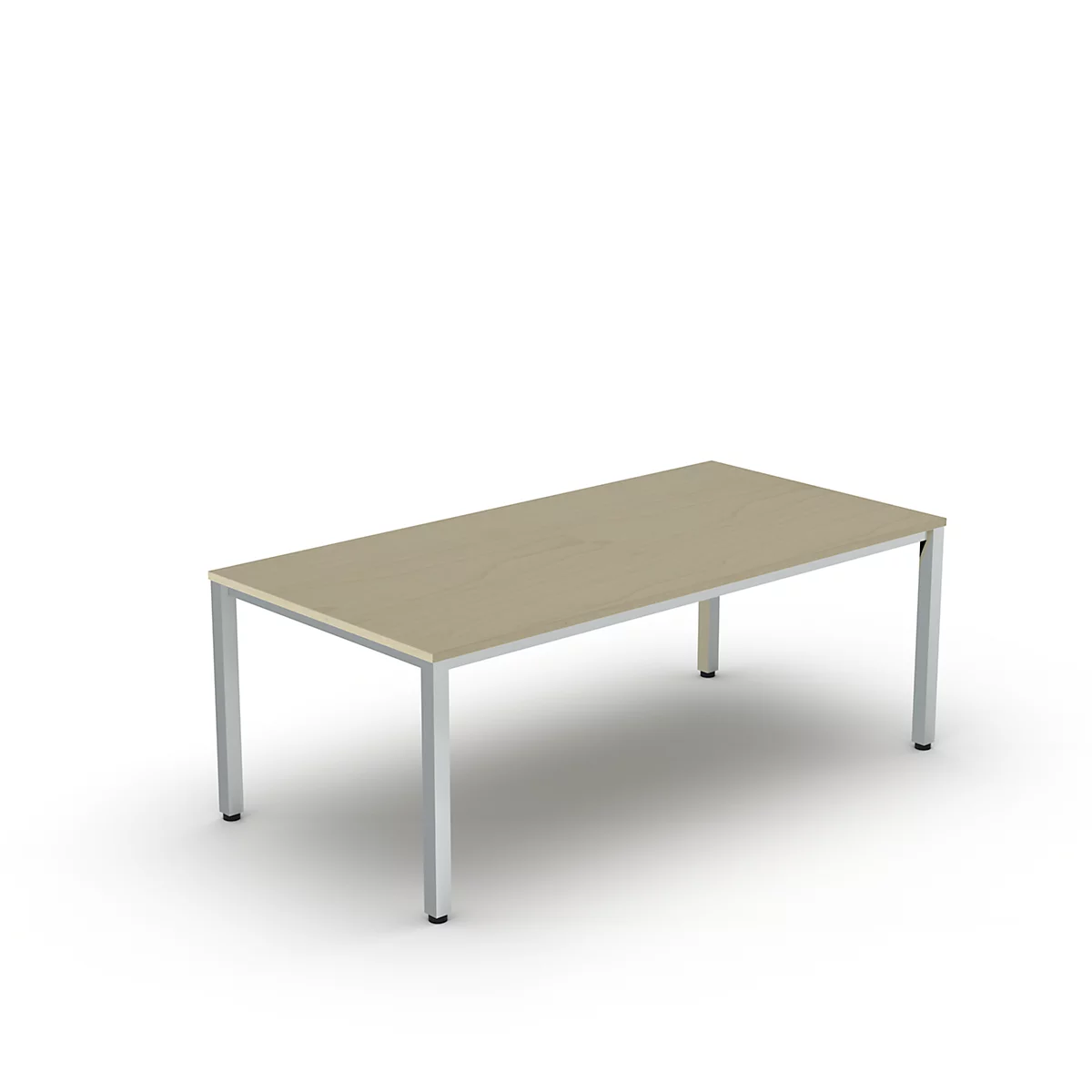 Rechthoekige tafel met een lichtbruin tafelblad en zilveren poten, tegen een witte achtergrond.