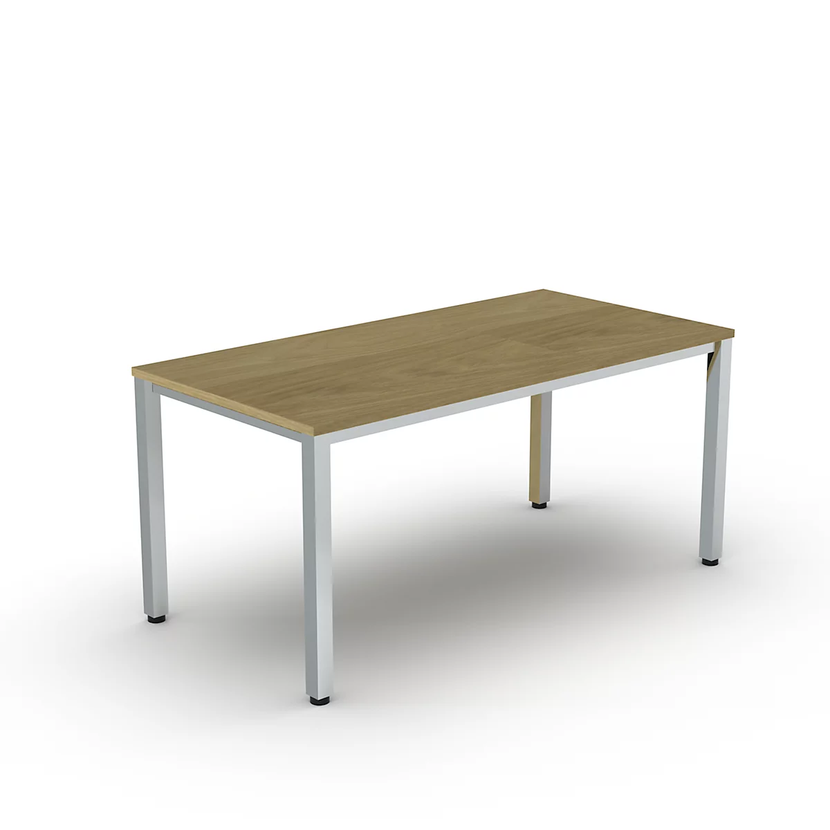 Een rechthoekige tafel met een licht houten blad en zilveren poten, tegen een witte achtergrond.