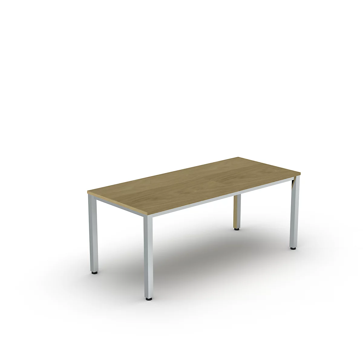 Een rechthoekige tafel met een lichtbruin houten blad en zilveren metalen poten. De achtergrond is wit.