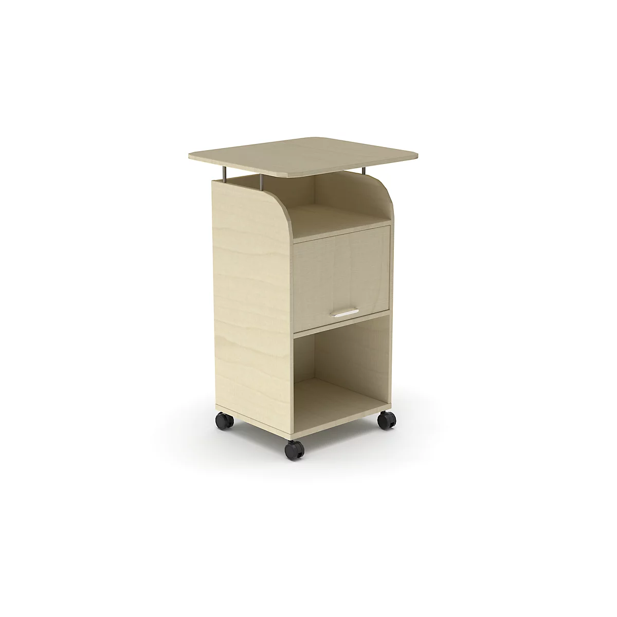 BEXXSTAR mobiele sokkel, 2 legborden, 1 afsluitbaar compartiment met handgreep, bovenblad, zwenkwielen, B 700 x D 630 x H 1130 mm, hout, ahorn afwerking