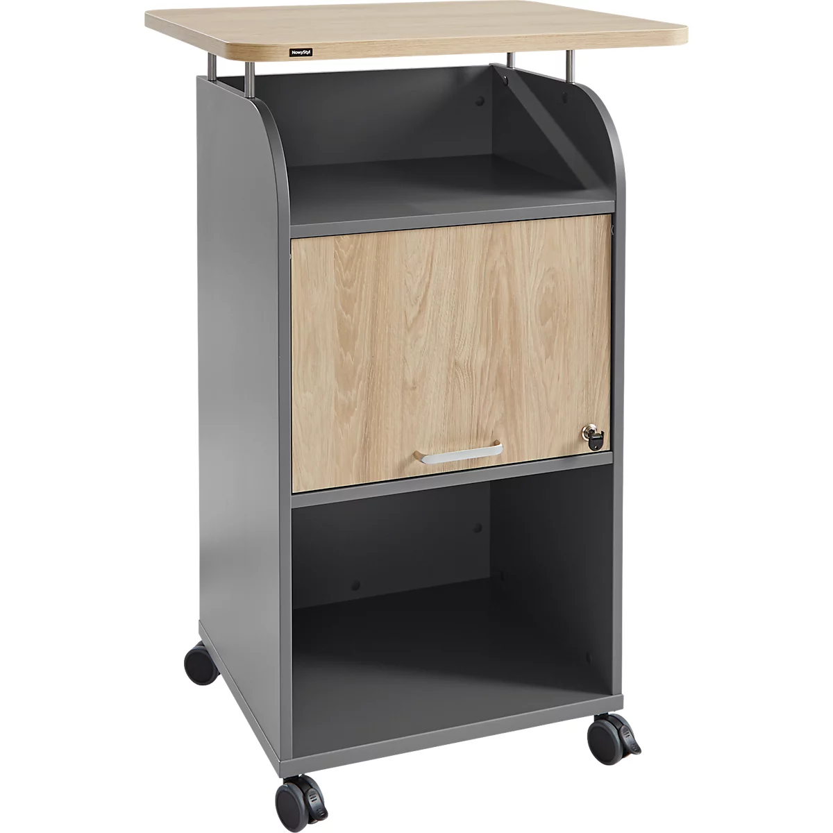 BEXXSTAR mobiele sokkel, 2 legborden, 1 afsluitbaar vak met handgreep, bovenblad, zwenkwielen, B 700 x D 630 x H 1130 mm, hout, eiken decor/donkergrijs
