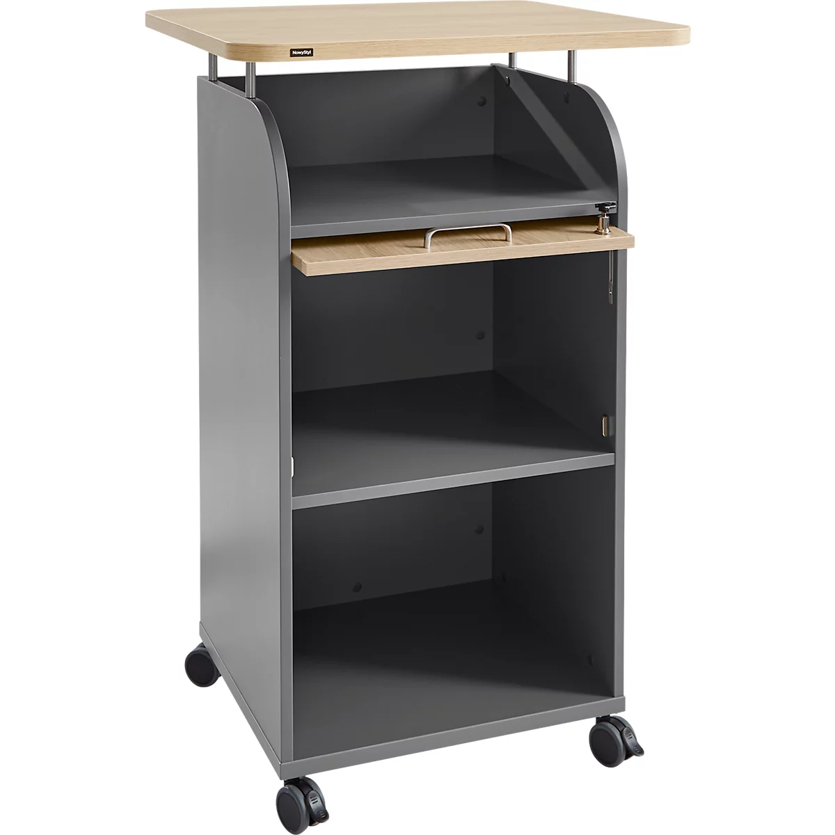 BEXXSTAR mobiele sokkel, 2 legborden, 1 afsluitbaar vak met handgreep, bovenblad, zwenkwielen, B 700 x D 630 x H 1130 mm, hout, eiken decor/donkergrijs