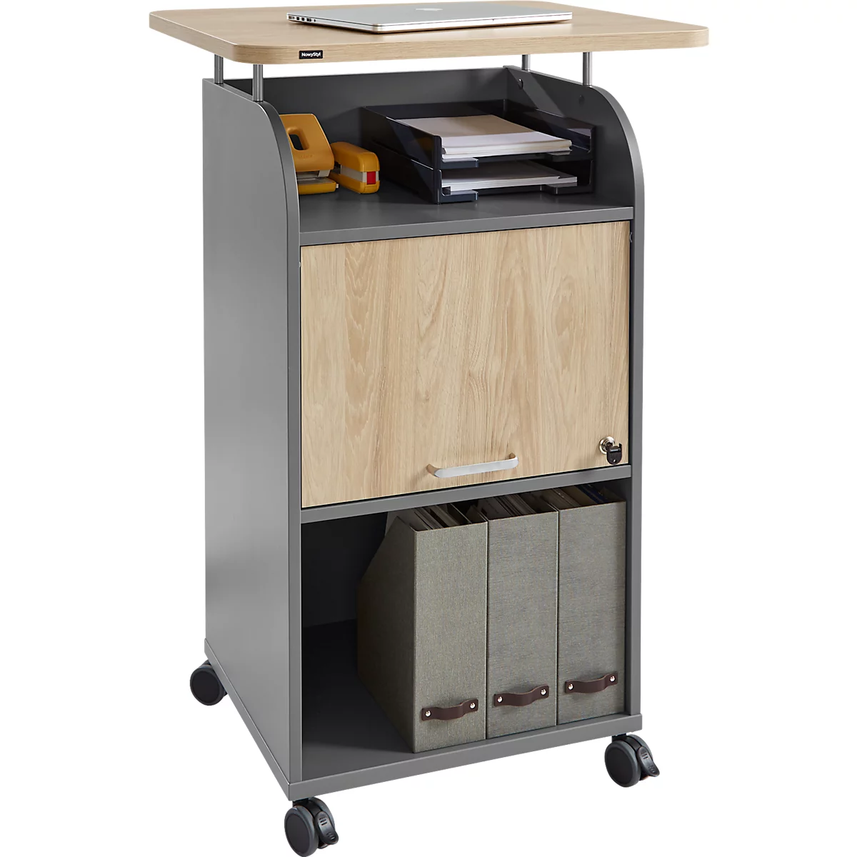 BEXXSTAR mobiele sokkel, 2 legborden, 1 afsluitbaar vak met handgreep, bovenblad, zwenkwielen, B 700 x D 630 x H 1130 mm, hout, eiken decor/donkergrijs