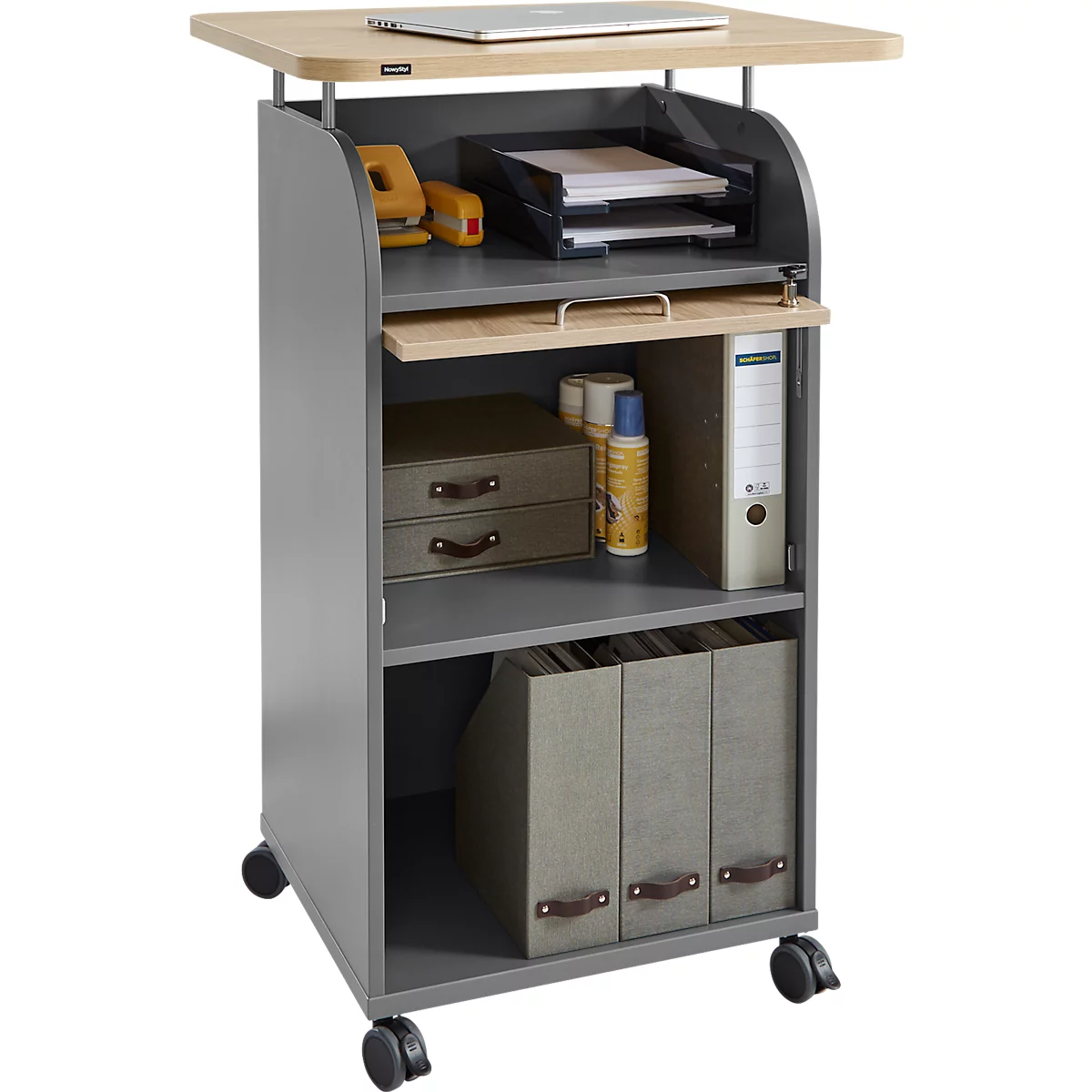BEXXSTAR mobiele sokkel, 2 legborden, 1 afsluitbaar vak met handgreep, bovenblad, zwenkwielen, B 700 x D 630 x H 1130 mm, hout, eiken decor/donkergrijs