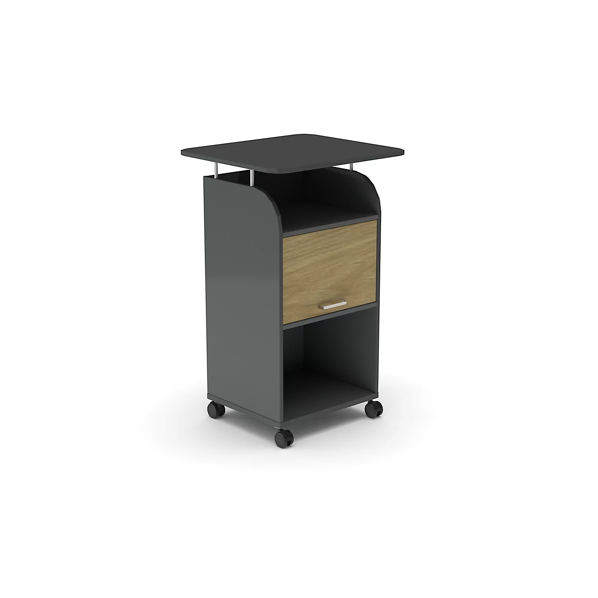 BEXXSTAR mobiele sokkel, 2 legborden, 1 afsluitbaar vak met handgreep, bovenblad, zwenkwielen, B 700 x D 630 x H 1130 mm, hout, eiken decor/donkergrijs