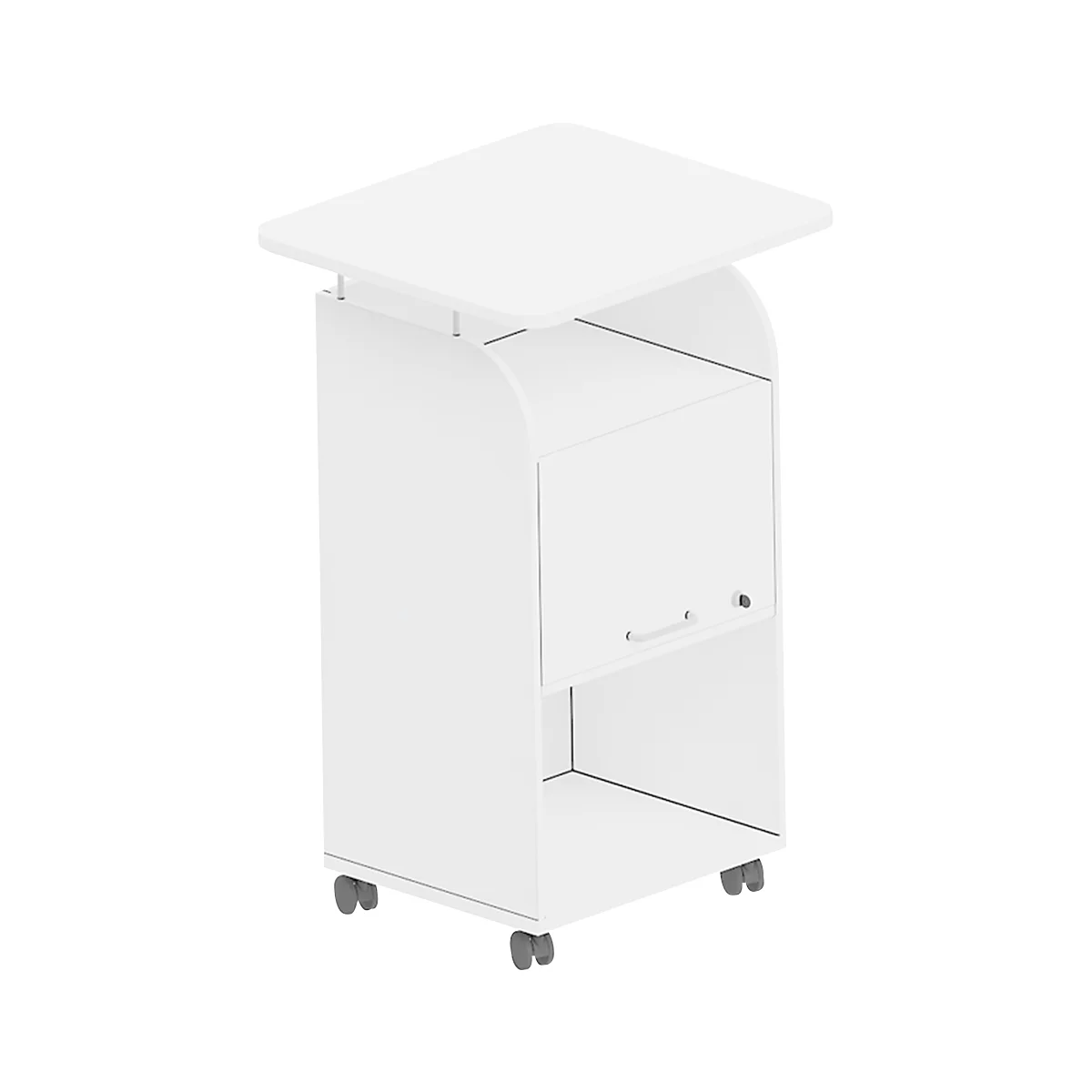 BEXXSTAR mobiele sokkel, 2 legborden, 1 afsluitbaar vak met handgreep, bovenblad, zwenkwielen, B 700 x D 630 x H 1130 mm, hout, wit