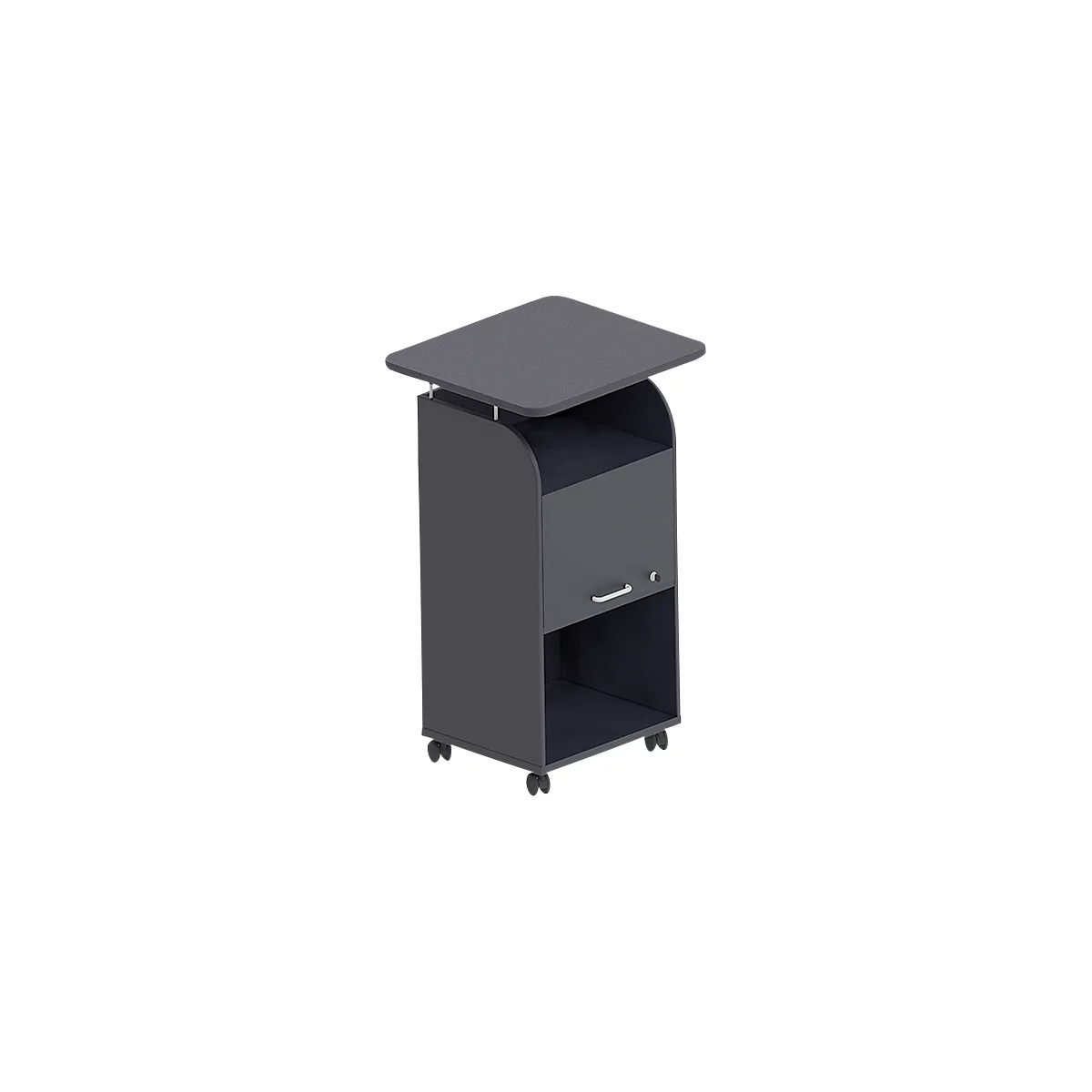 BEXXSTAR mobiele sokkel, 2 legborden, 1 afsluitbaar vak met handgreep, bovenblad, zwenkwielen, B 700 x D 630 x H 1130 mm, hout, zwart
