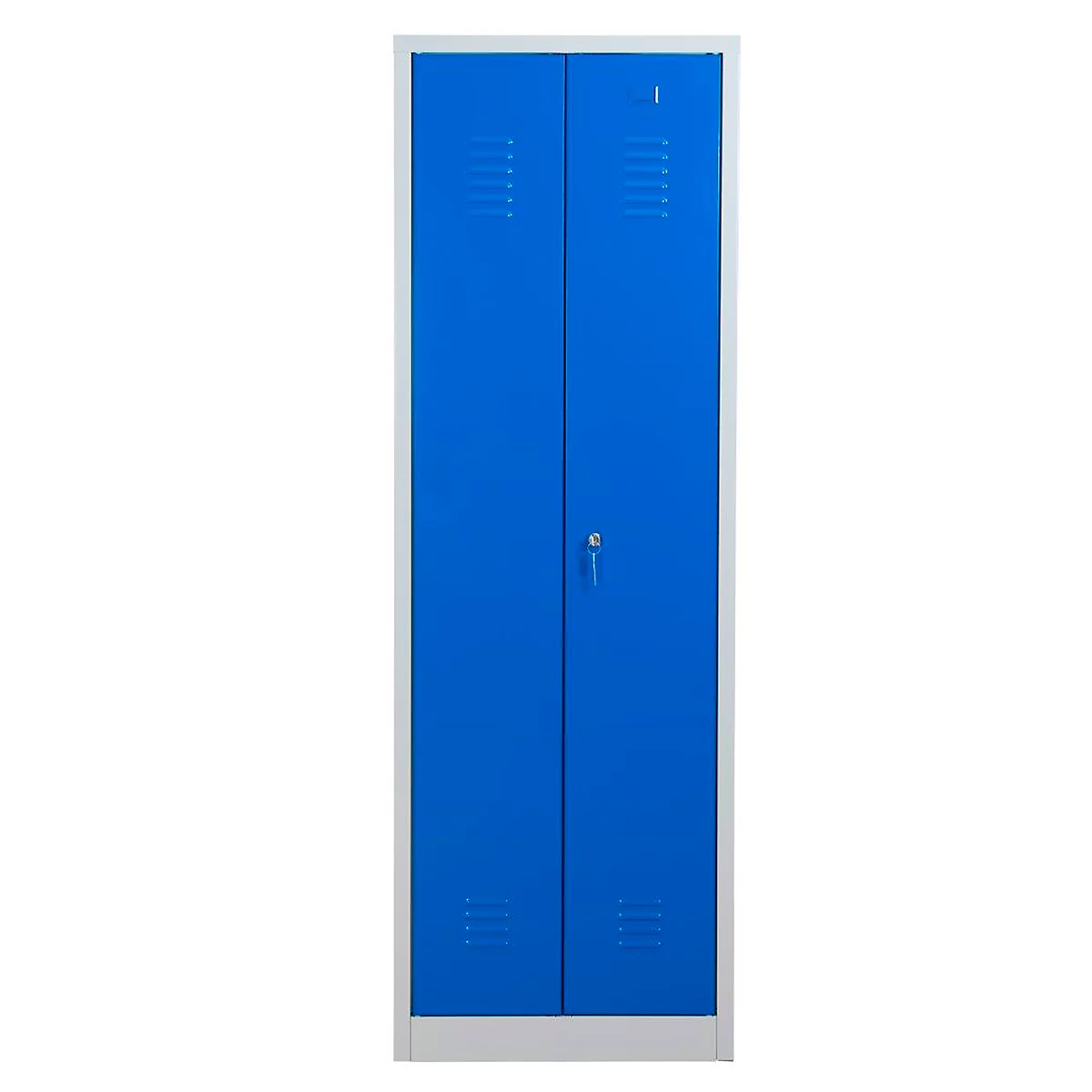 Bezemkast, B 600 mm, 4 legborden, verkorte middenwand, afsluitbaar, gentiaanblauw RAL 5010/lichtgrijs RAL 7035