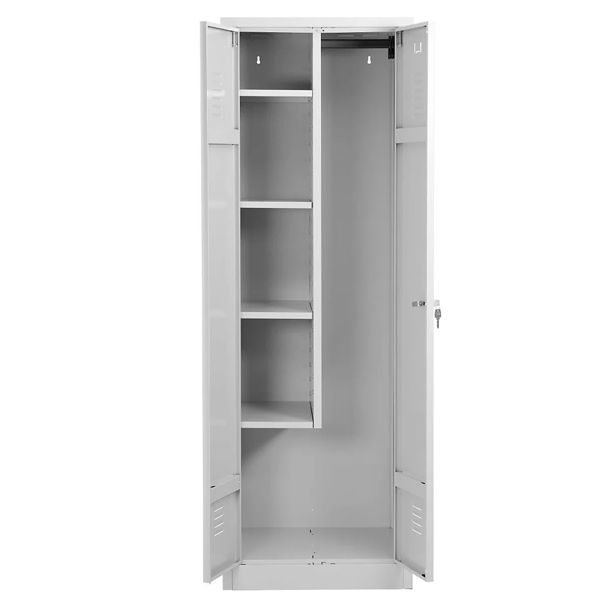 Bezemkast, B 600 mm, 4 legborden, verkorte middenwand, afsluitbaar, lichtgrijs RAL 7035/lichtgrijs RAL 7035