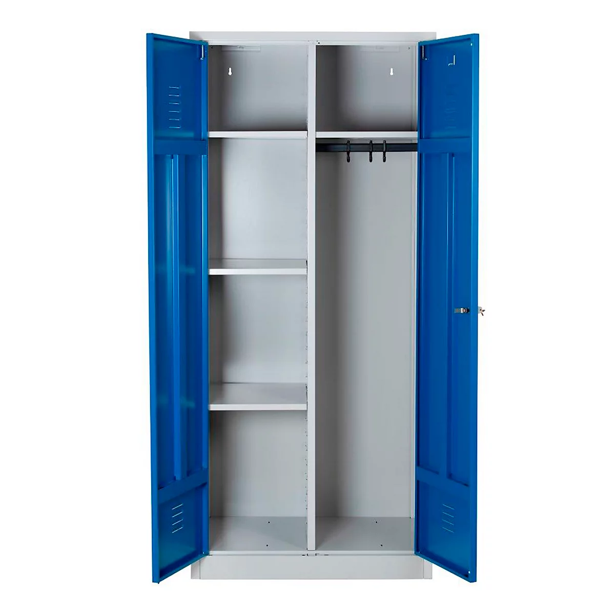 Bezemkast, B 800 mm, 4 legborden, complete middenwand, afsluitbaar, gentiaanblauw RAL 5010/lichtgrijs RAL 7035