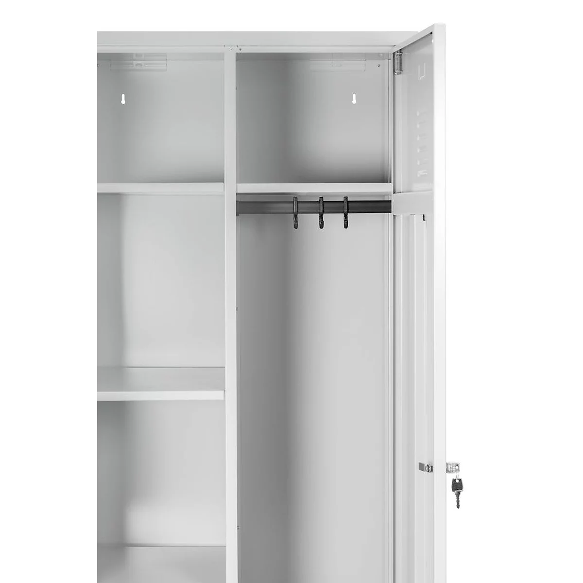 Bezemkast, B 800 mm, 4 legborden, complete middenwand, afsluitbaar, lichtgrijs RAL 7035/lichtgrijs RAL 7035