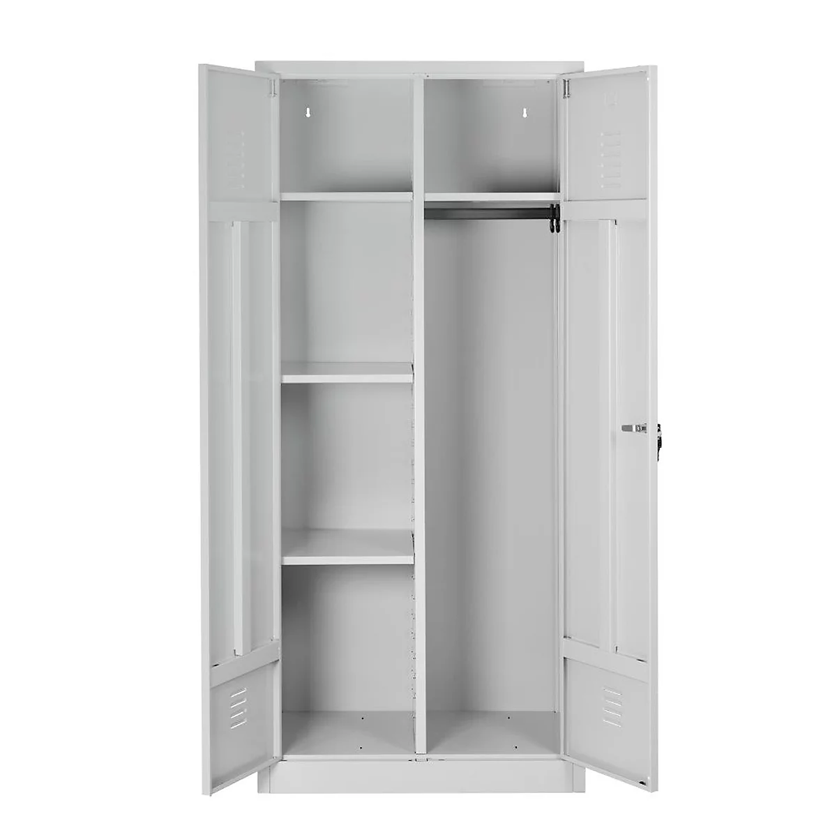 Bezemkast, B 800 mm, 4 legborden, complete middenwand, afsluitbaar, lichtgrijs RAL 7035/lichtgrijs RAL 7035