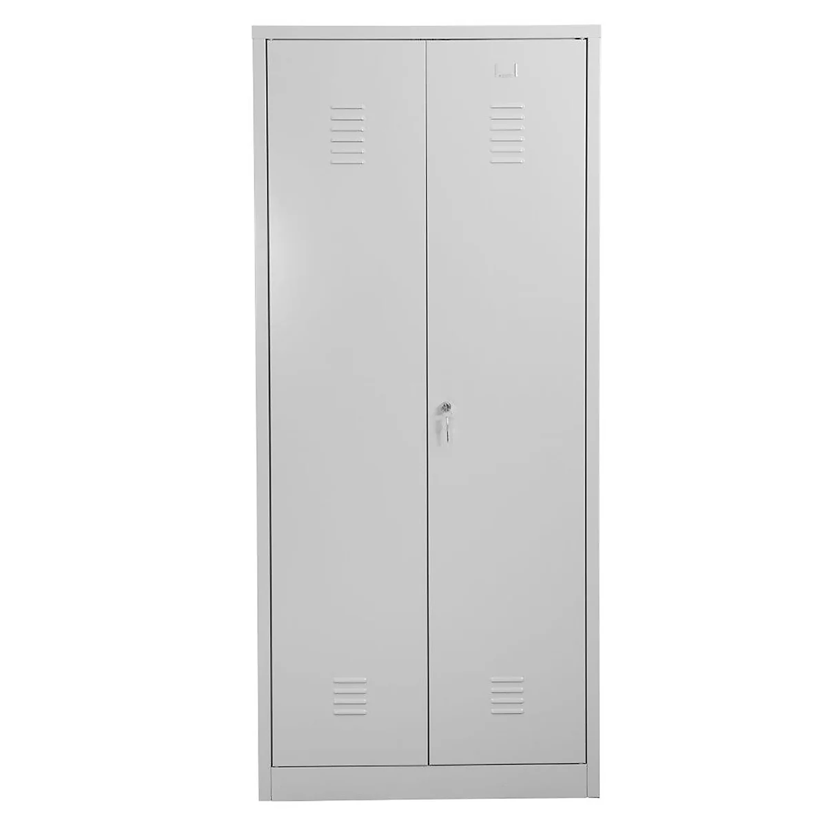 Grijze stalen kast met twee deuren, ventilatiesleuven en slot.