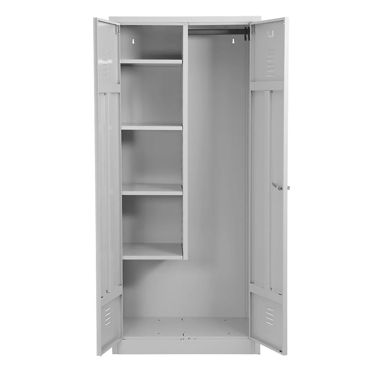Open grijze metalen kast met planken en een kledingstang, deuren open.