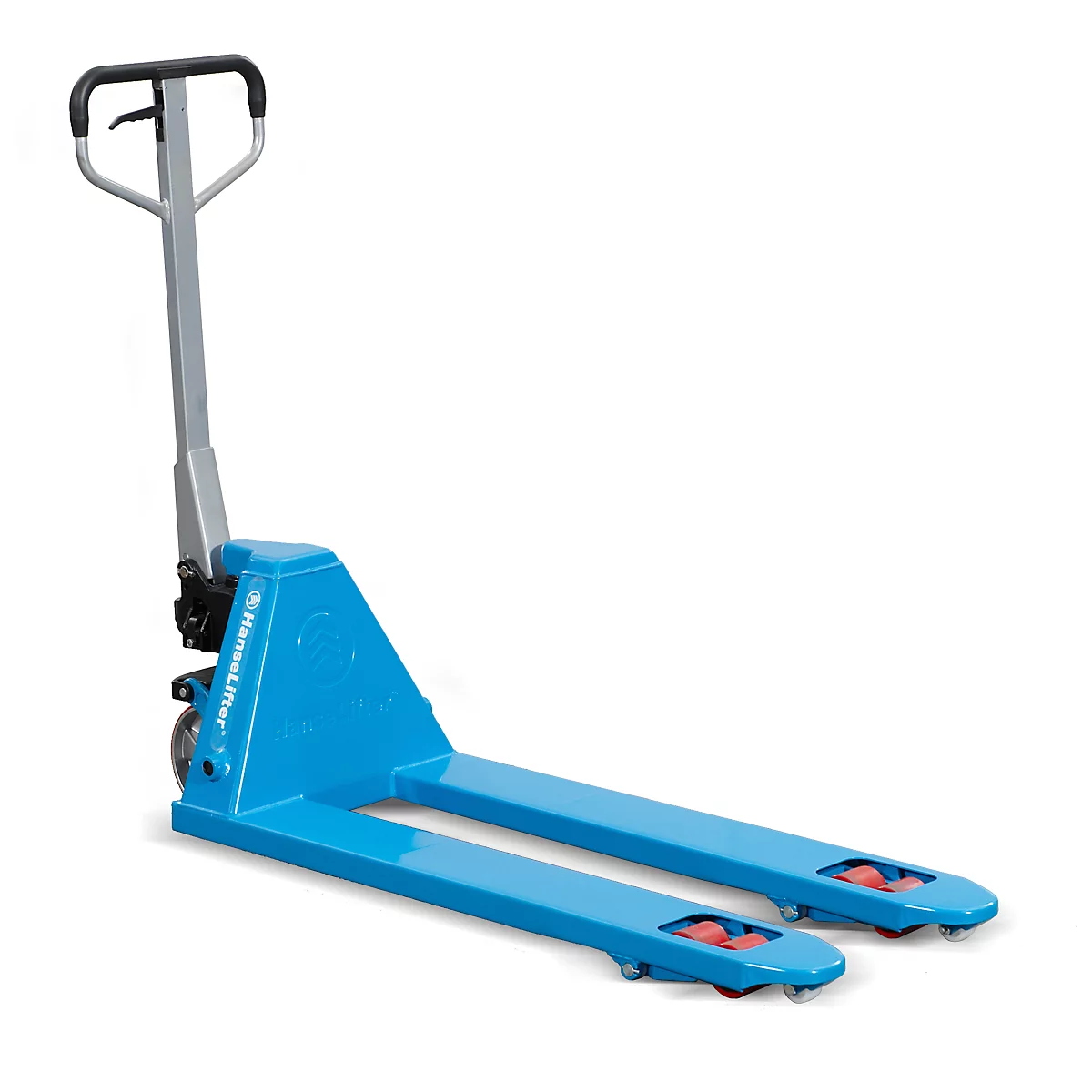 Blue pallet truck against a white background. The handle is grey, the rollers red.